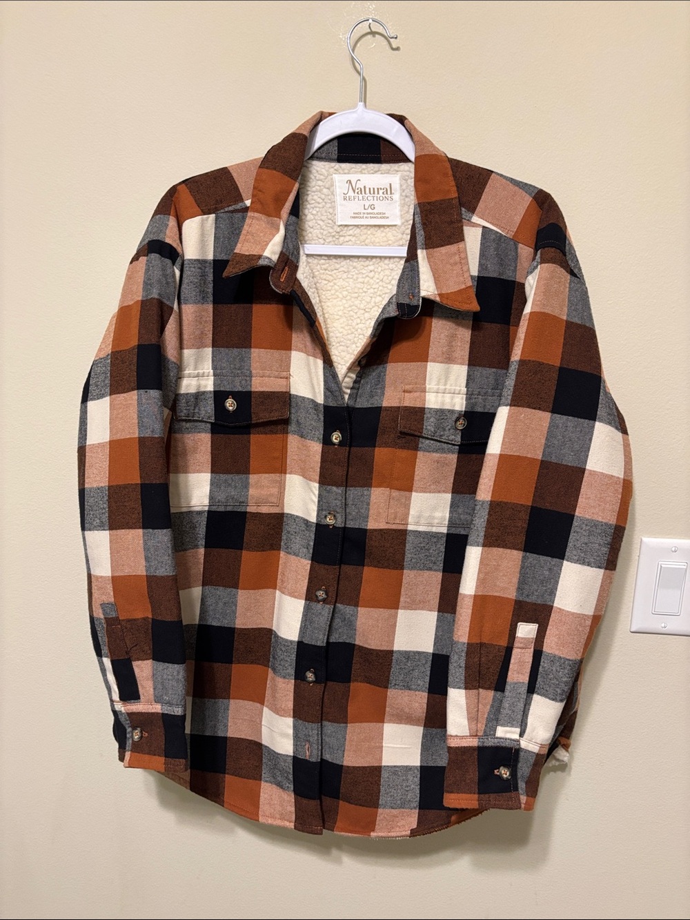 Natural Reflections Plaid Sherpa-Lined Shirt Jacket Rust Black Cream size large